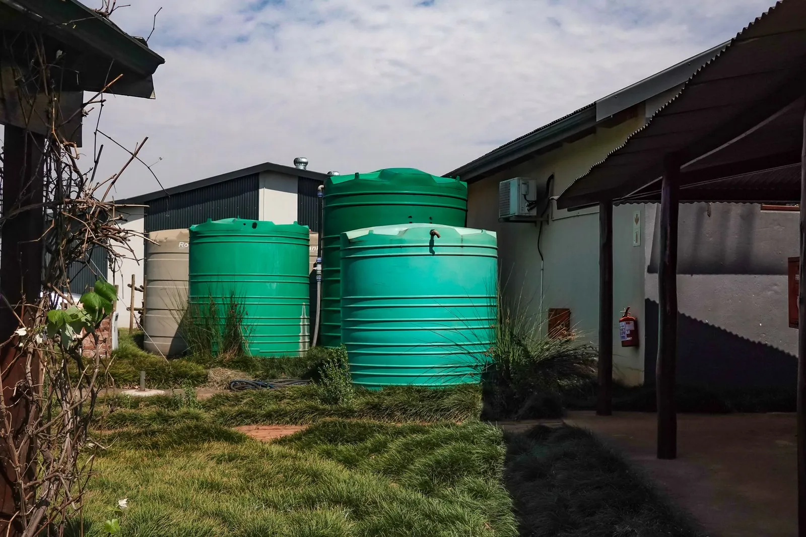 Cuves de récupération d'eau de pluie en polyéthylène vert installées contre un bâtiment