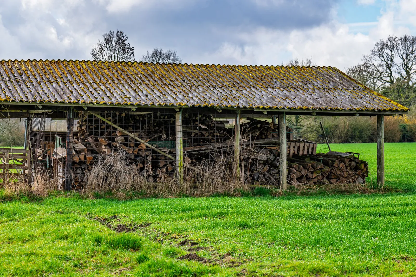 Abri à bûches ouvert en bois, rempli de bûches fendues empilées