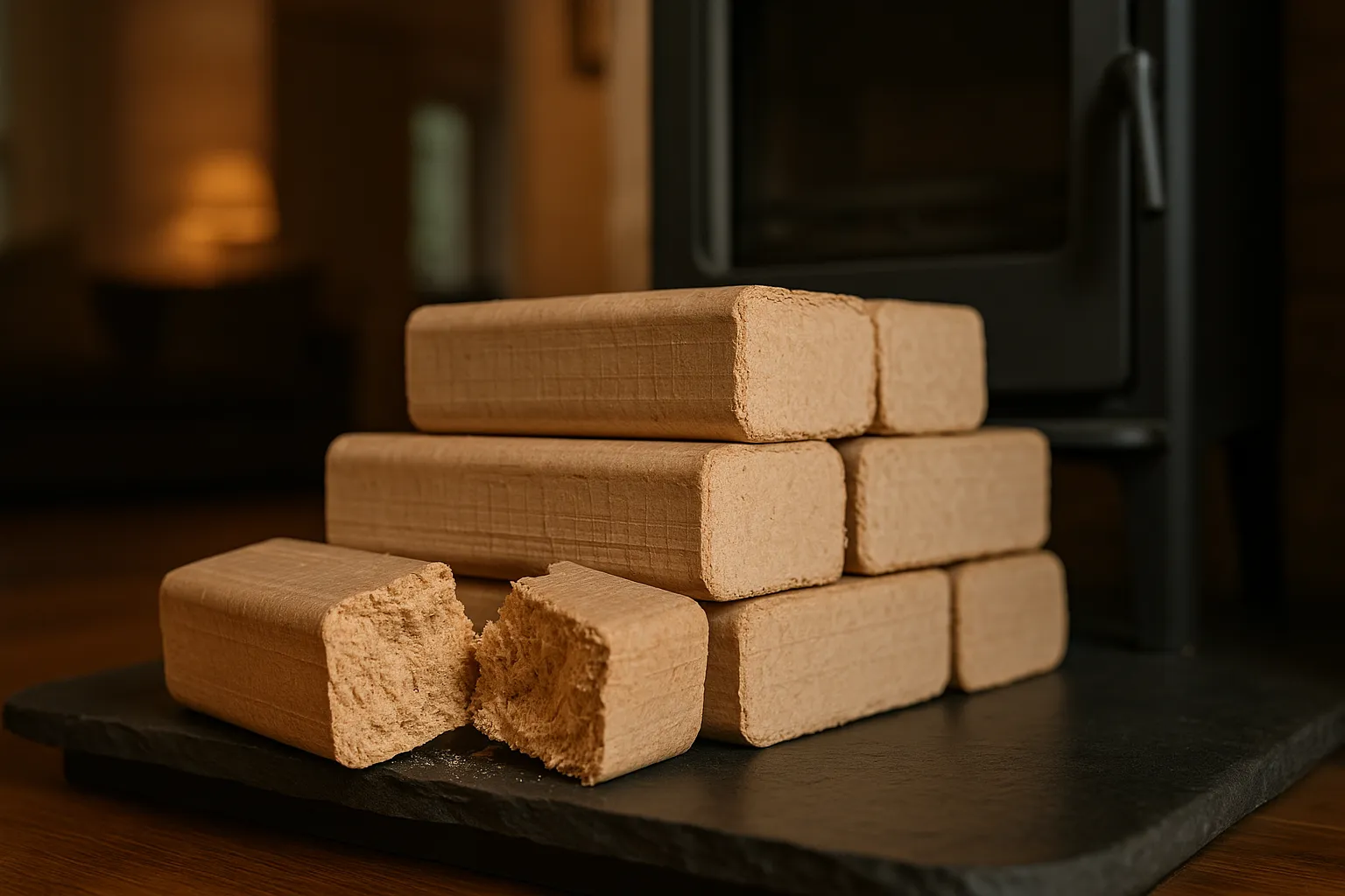 Bûches de bois compressé empilées devant un poêle, dont un bloc cassé en deux