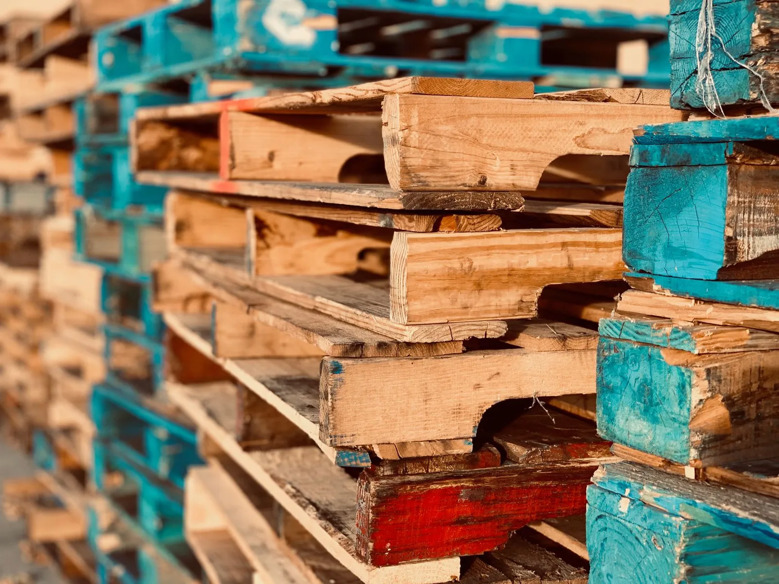 Pile de palettes en bois usagées, certaines planches peintes en bleu et en rouge