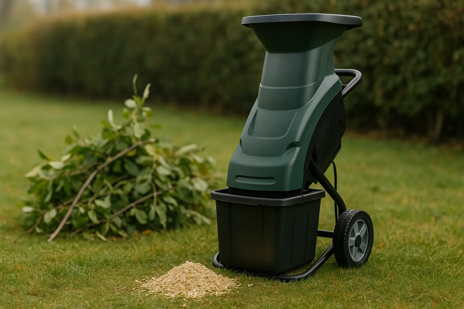 Broyeur de végétaux électrique sur roues devant un tas de branchages fraîchement taillés, en bordure de haie