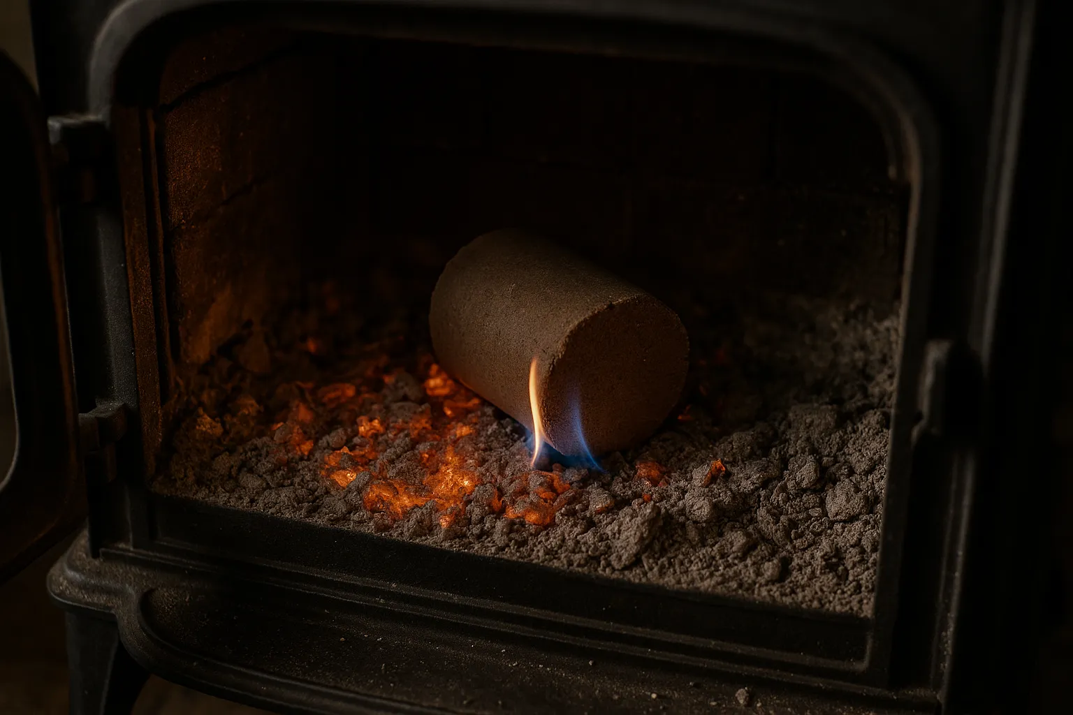 Bûche compressée posée sur un lit de braises dans le foyer d'un poêle à bois