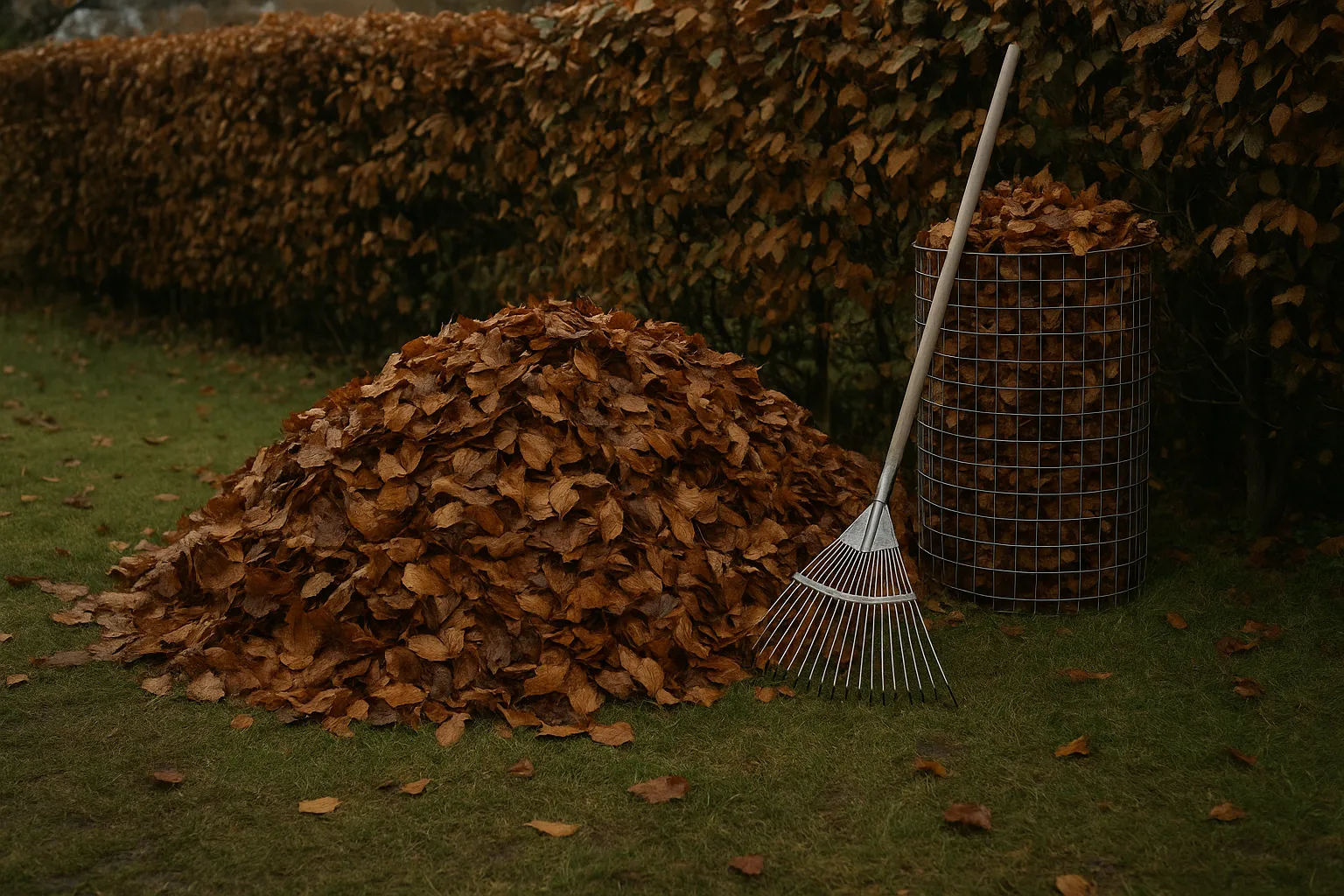 Tas de feuilles mortes ratissées au pied d'une haie dans un jardin d'automne