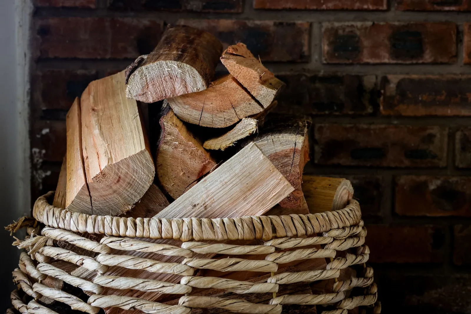Panier d'osier rempli de bois fendu fin, posé contre un mur de briques près du foyer
