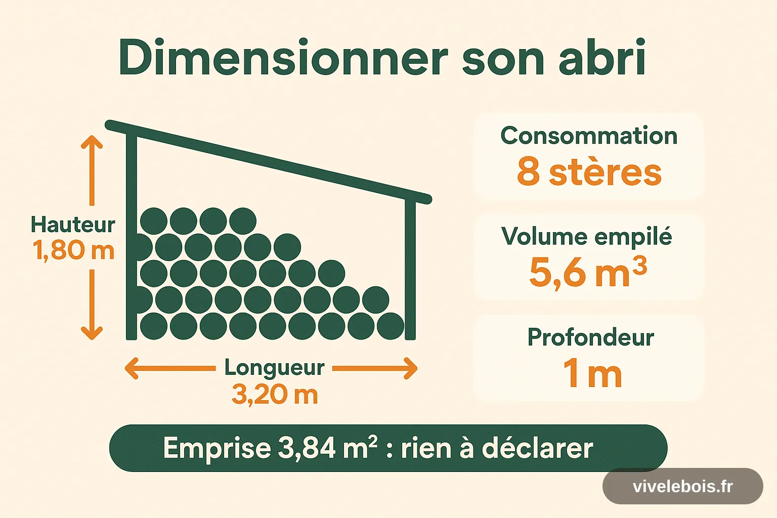 Schéma de dimensionnement d'un abri à bûches : 8 stères en 33 cm représentent 5,6 m³ empilés, répartis sur 1,80 m de hauteur, 1 m de profondeur et 3,20 m de longueur, pour une emprise au sol de 3,84 m²