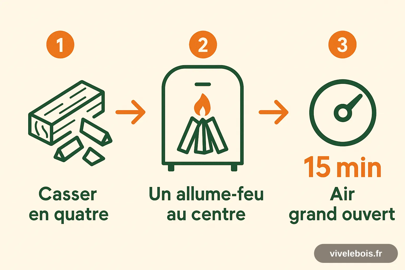 Méthode d'allumage d'une bûche compressée : casser le bloc en quatre morceaux, les dresser en pyramide avec un seul allume-feu au centre, ouvrir l'air en grand pendant quinze minutes, puis réduire sans fermer