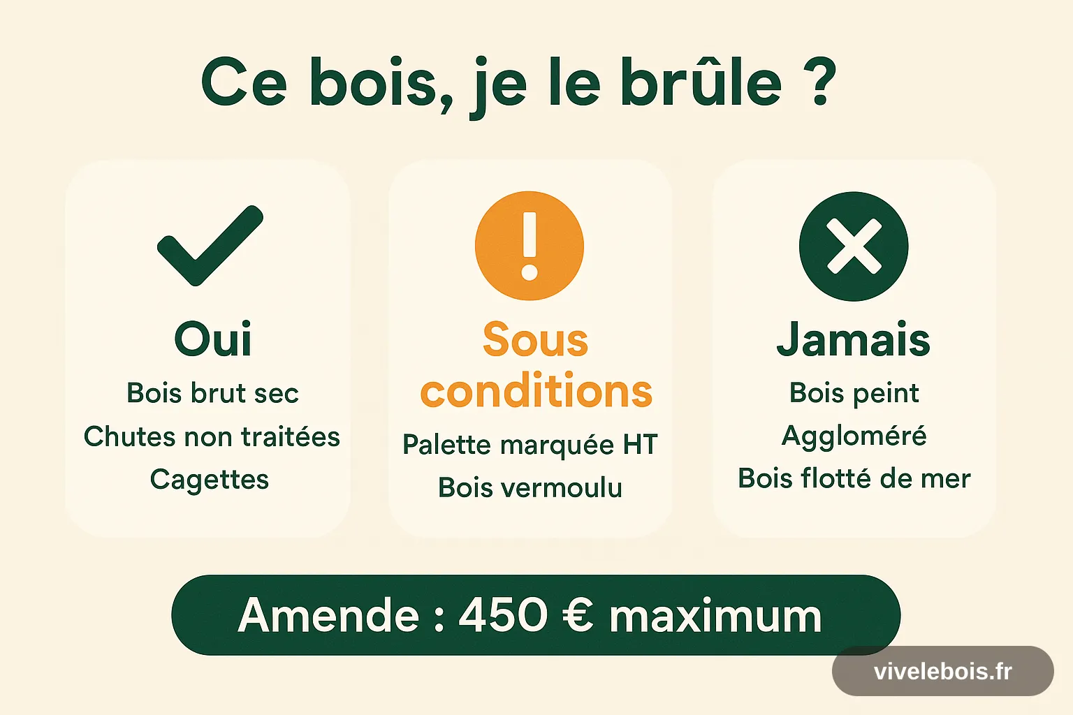 Schéma de tri du bois de récupération : à brûler le bois brut sec, les chutes non traitées et les cagettes ; sous conditions les palettes marquées HT et le bois vermoulu ; jamais le bois peint, l'aggloméré et le bois flotté de mer