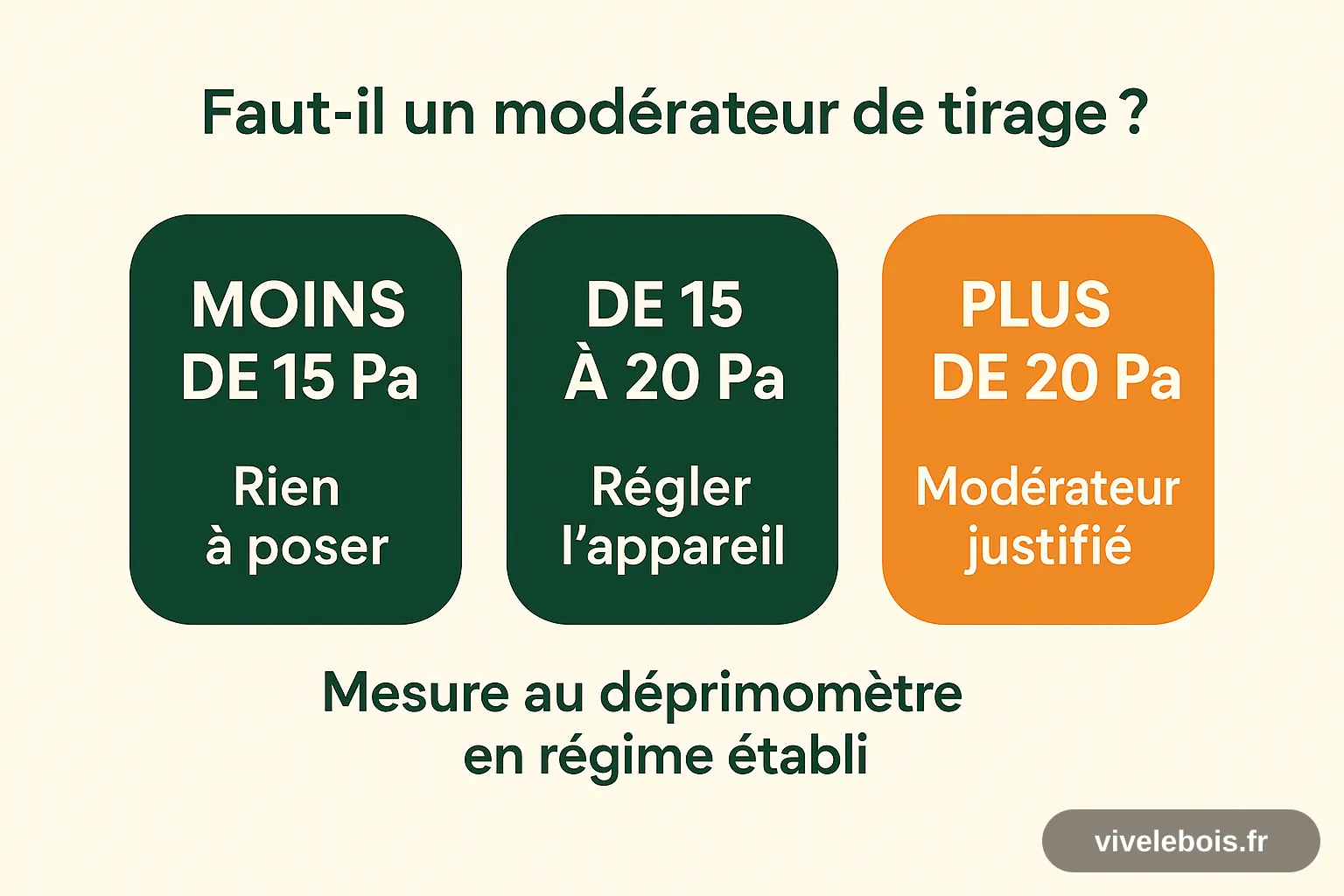 Arbre de décision du modérateur de tirage : moins de 15 Pa rien à poser, 15 à 20 Pa régler l'appareil, plus de 20 Pa modérateur justifié