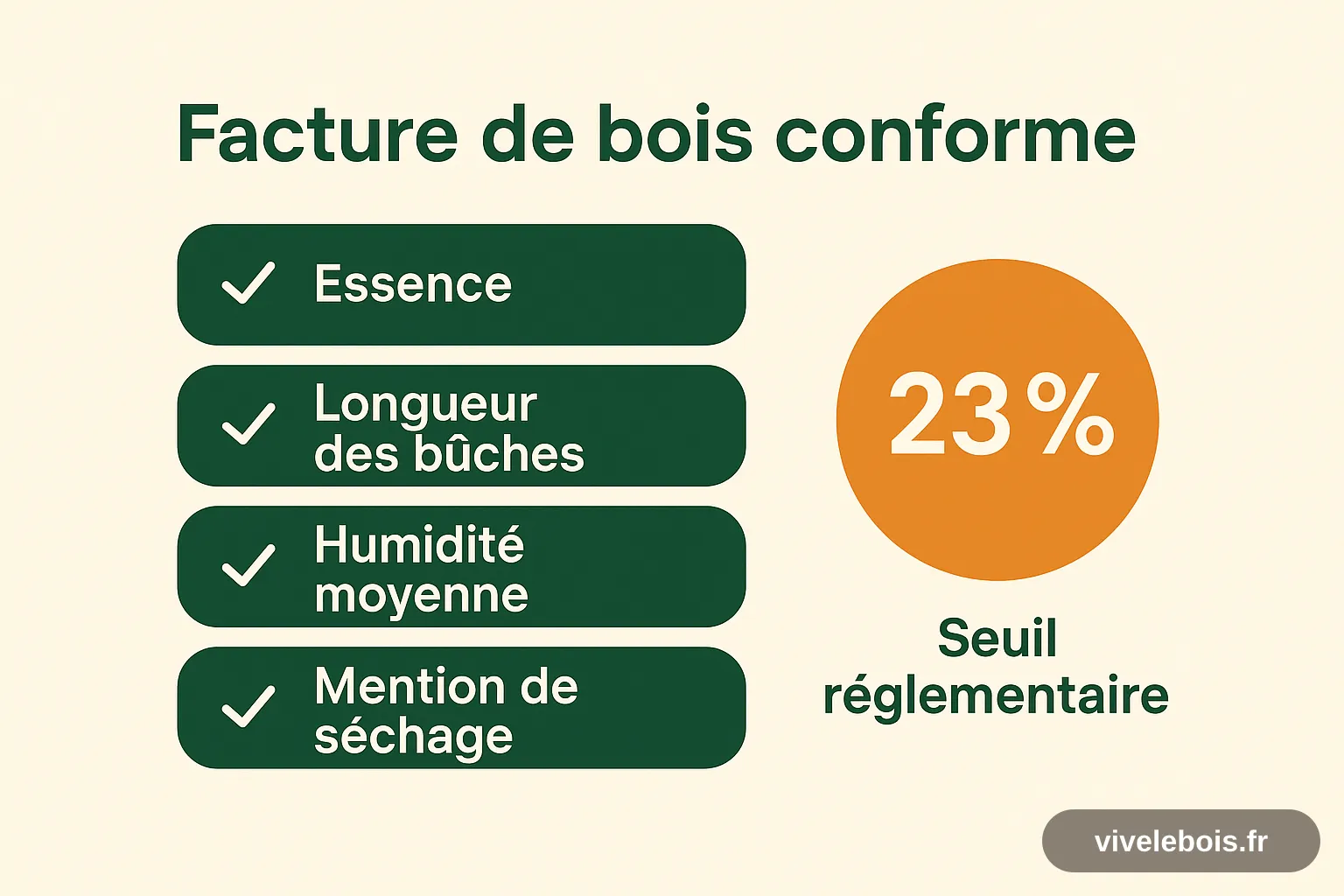 Schéma : les quatre mentions obligatoires d'une facture de bois de chauffage depuis 2022, avec le seuil d'humidité de 23 %