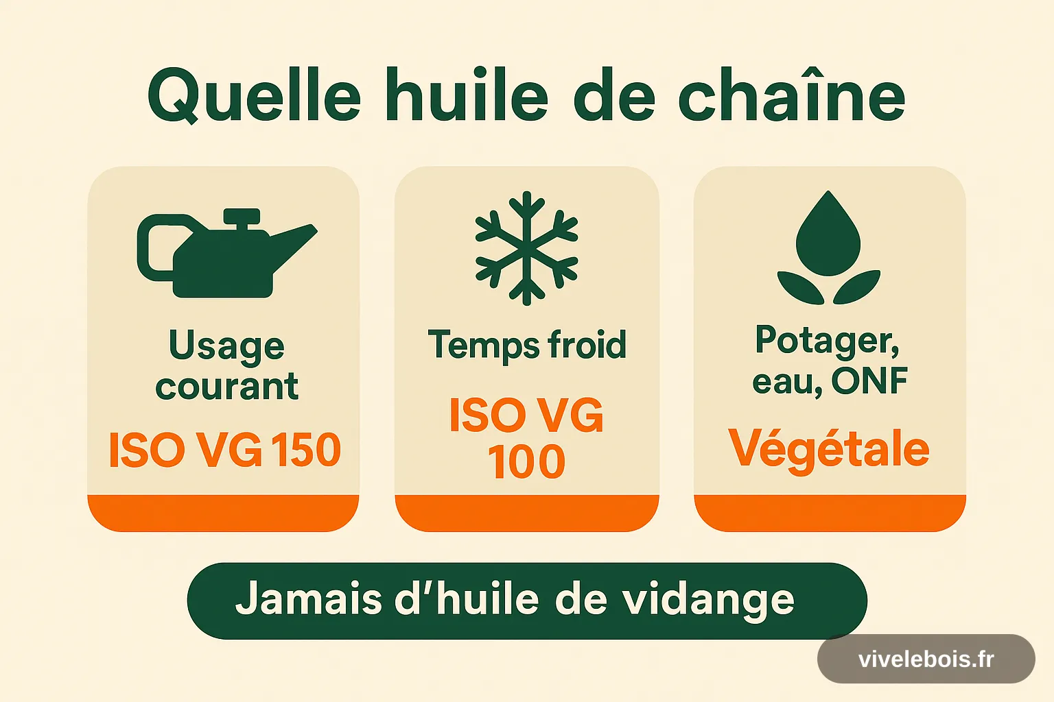 Schéma de choix de l'huile de chaîne : ISO VG 150 en usage courant, ISO VG 100 par temps froid, huile végétale au-dessus d'un potager, près de l'eau et en parcelle ONF, jamais d'huile de vidange