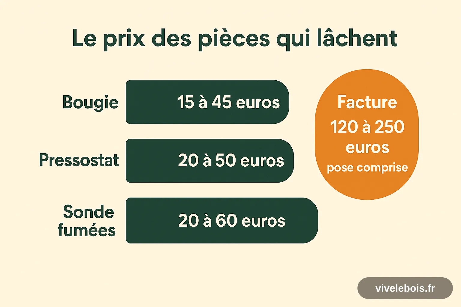 Prix des pièces les plus remplacées sur un poêle à granulés : bougie 15 à 45 euros, pressostat 20 à 50 euros, sonde de fumées 20 à 60 euros