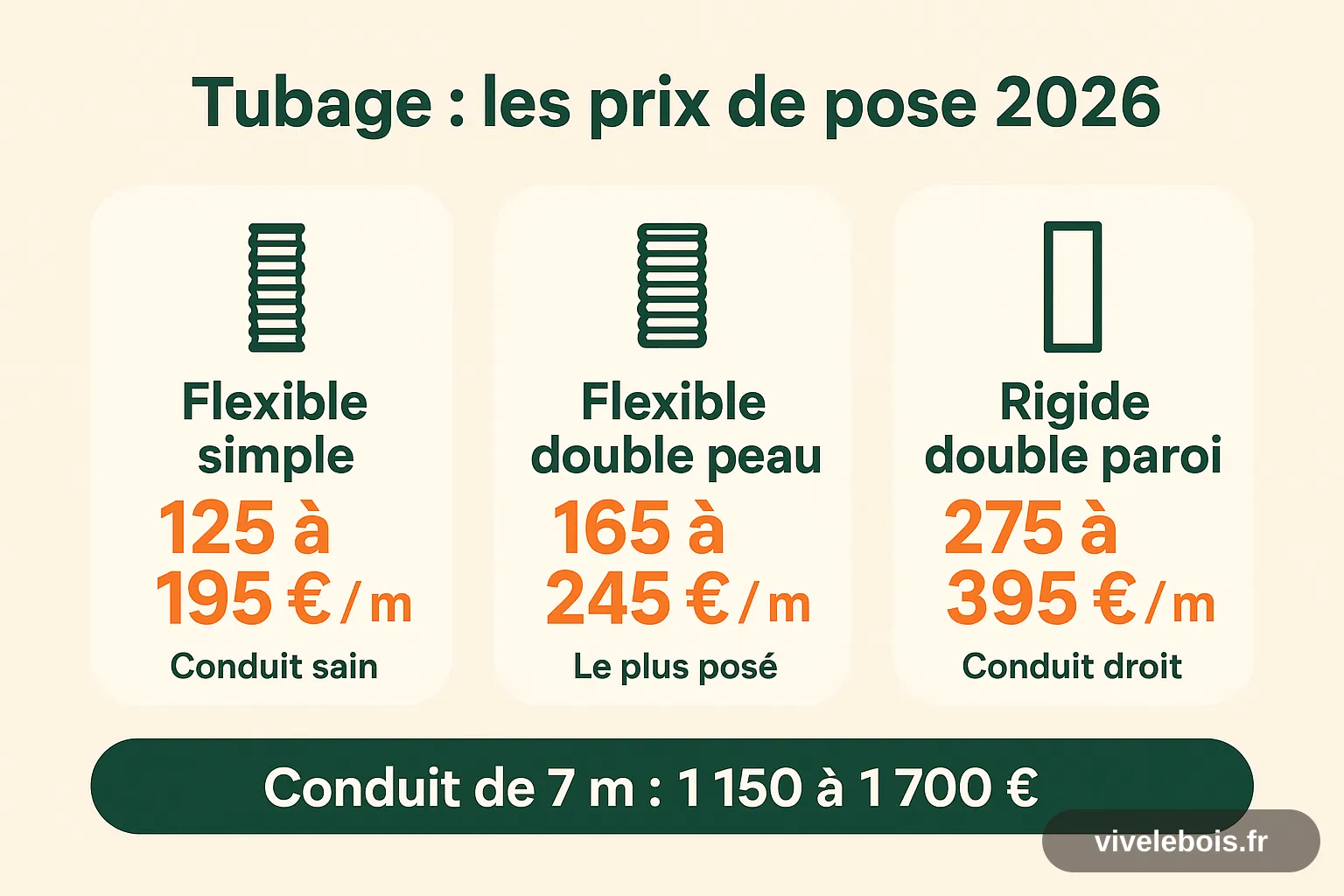Schéma comparatif des prix du tubage posé au mètre : flexible simple 125 à 195 €, flexible double peau 165 à 245 €, rigide double paroi 275 à 395 €